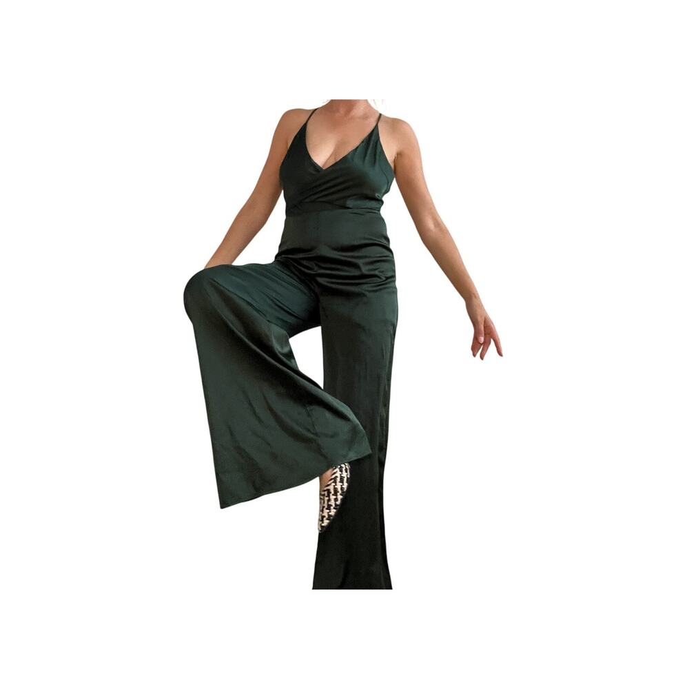 Forest Green Satin Romper Pantsuit – Size M